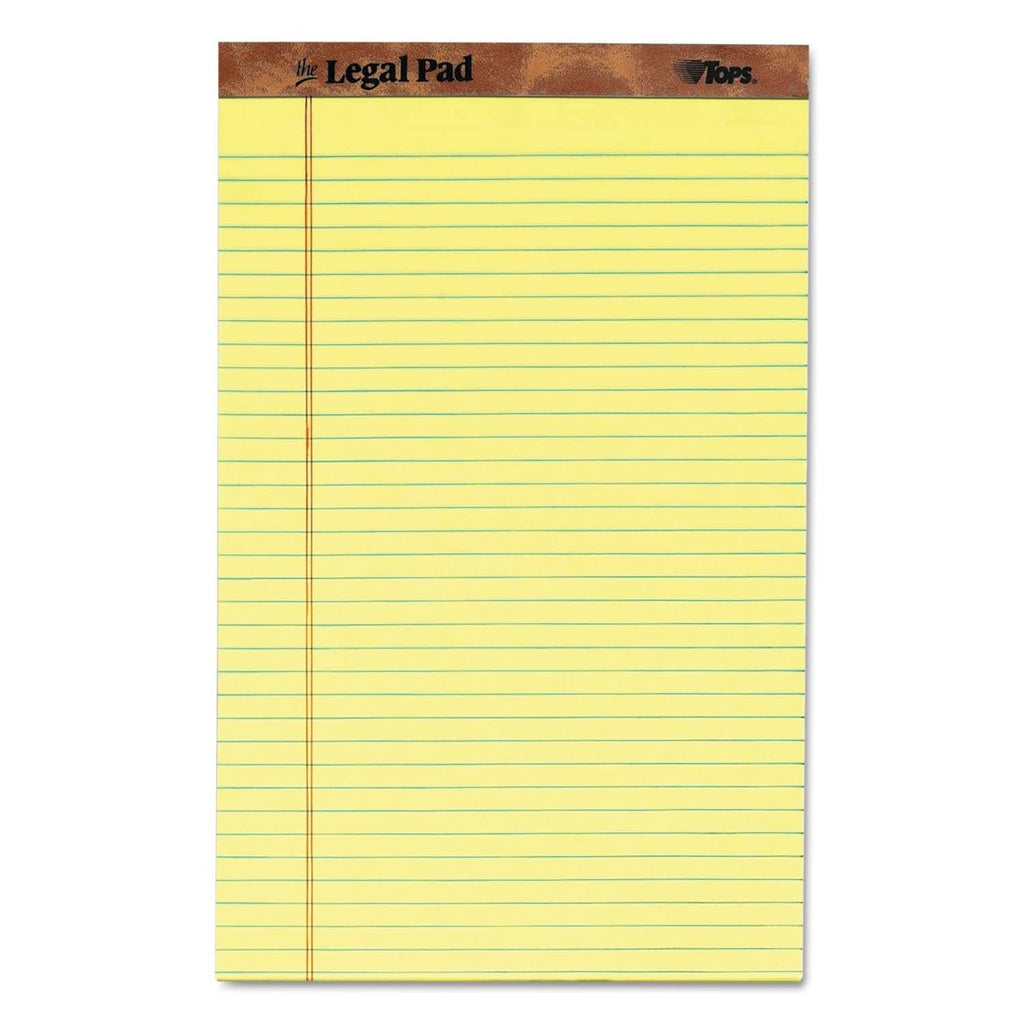 Canary yellow legal pad with horizontal ruling and vertical margin lines; 'Legal Pad' title