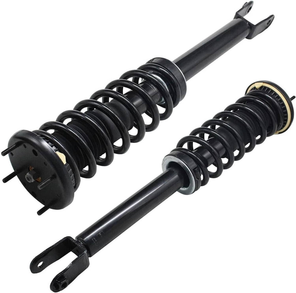 Front shock strut pair with black coil springs, upper mounts, and metal rods