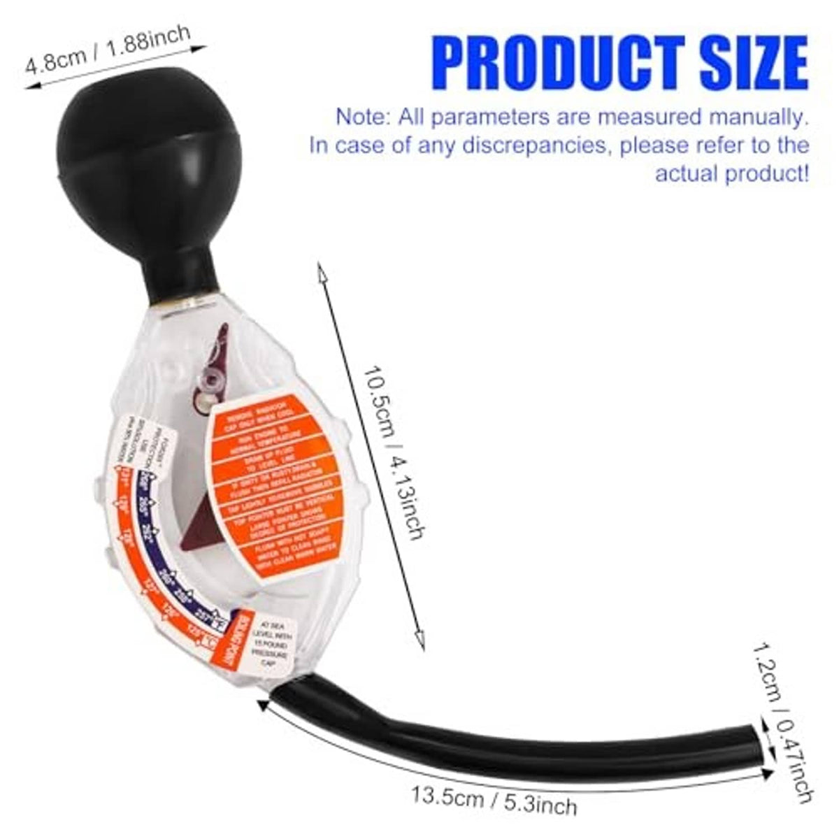 Antifreeze coolant tester with clear hydrometer window, orange scale, and black suction hose