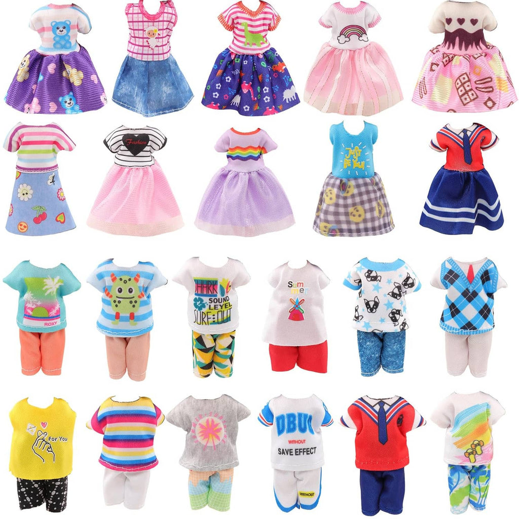 Assorted 6-inch girl doll outfits with dresses, shirts, and shorts in varied prints