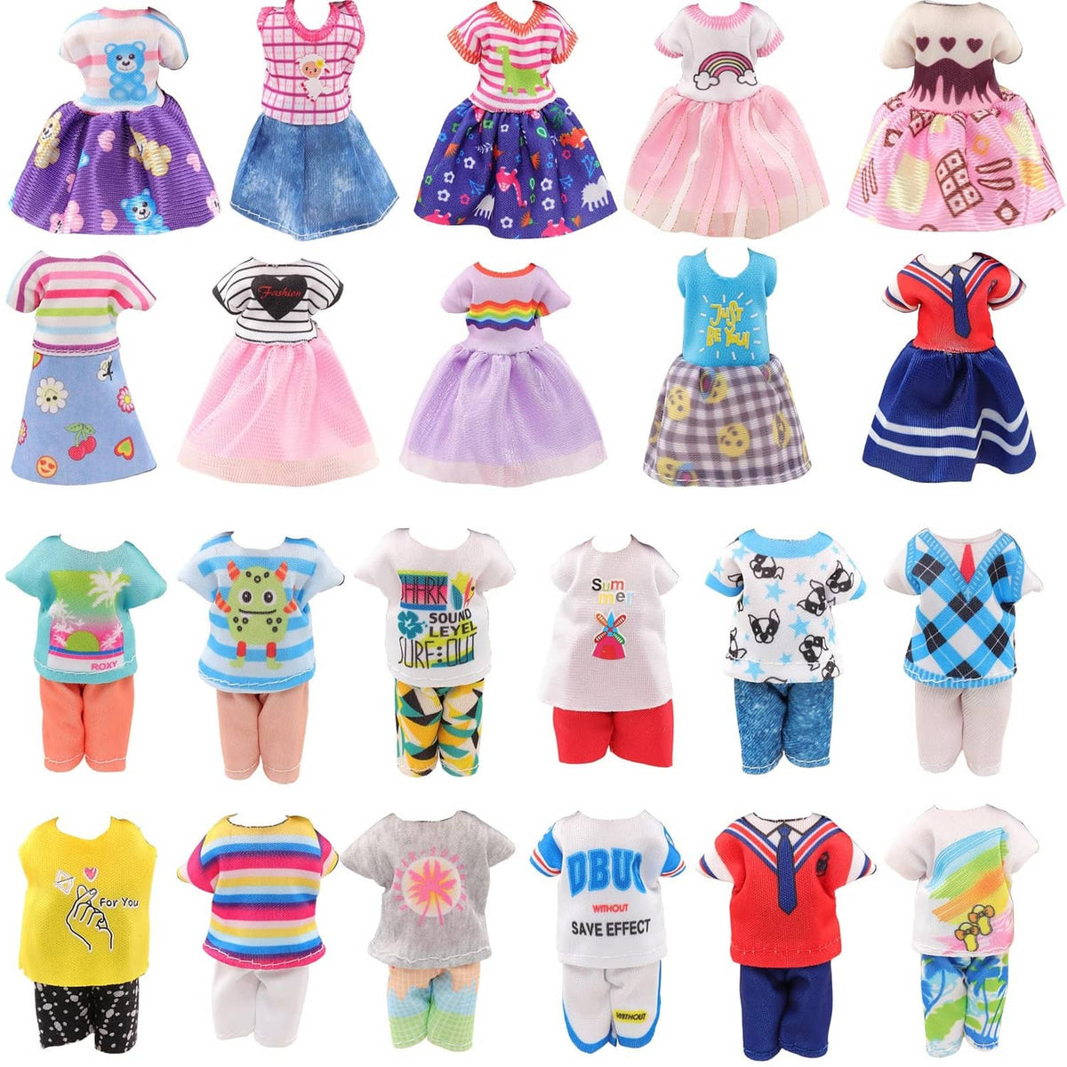 Assorted 6-inch girl doll outfits with dresses, shirts, and shorts in varied prints