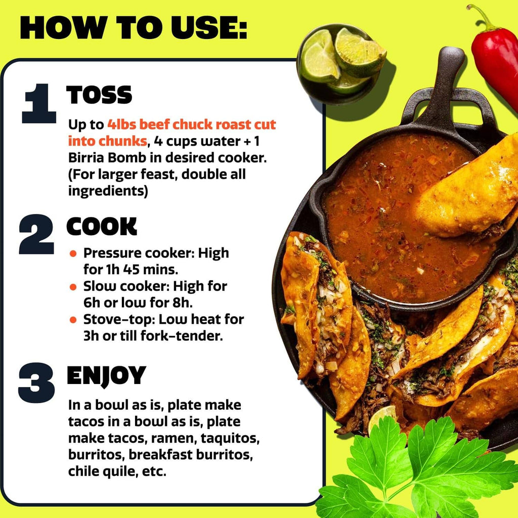Birria Bomb seasoning how-to instructions graphic: toss, cook, and enjoy steps