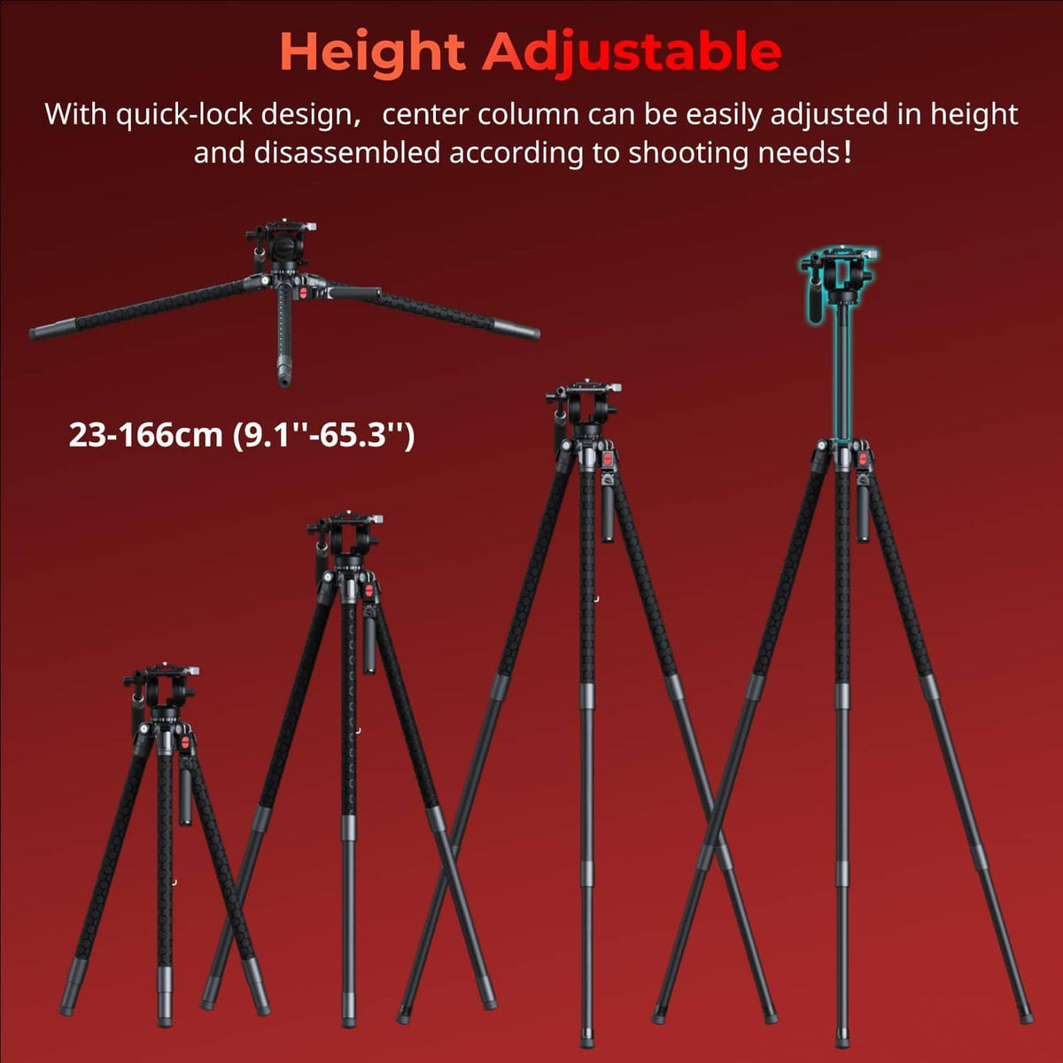 Black hydraulic tripod with adjustable legs and center column for height changes