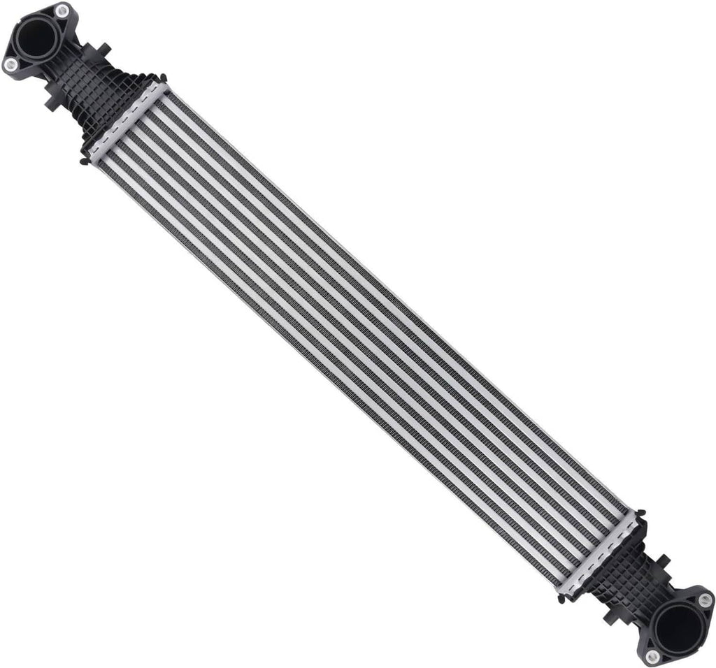 Aluminum core intercooler with black inlet and outlet end housings, side view.