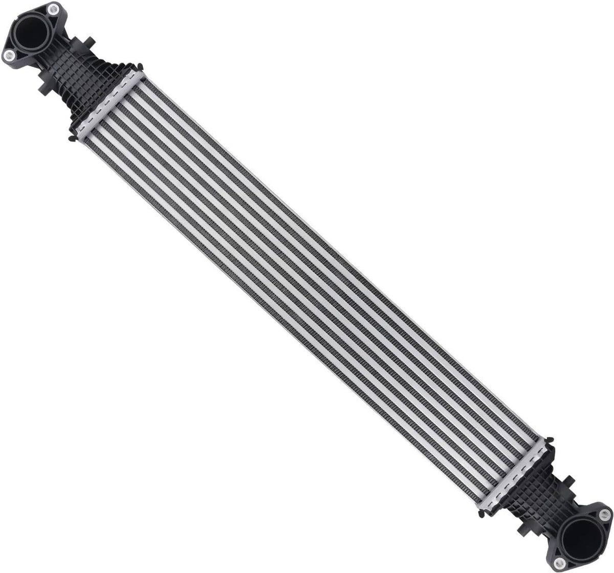 Aluminum core intercooler with black inlet and outlet end housings, side view.