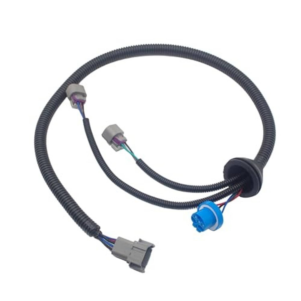 Black headlight wiring harness loop with blue bulb connector and gray sockets