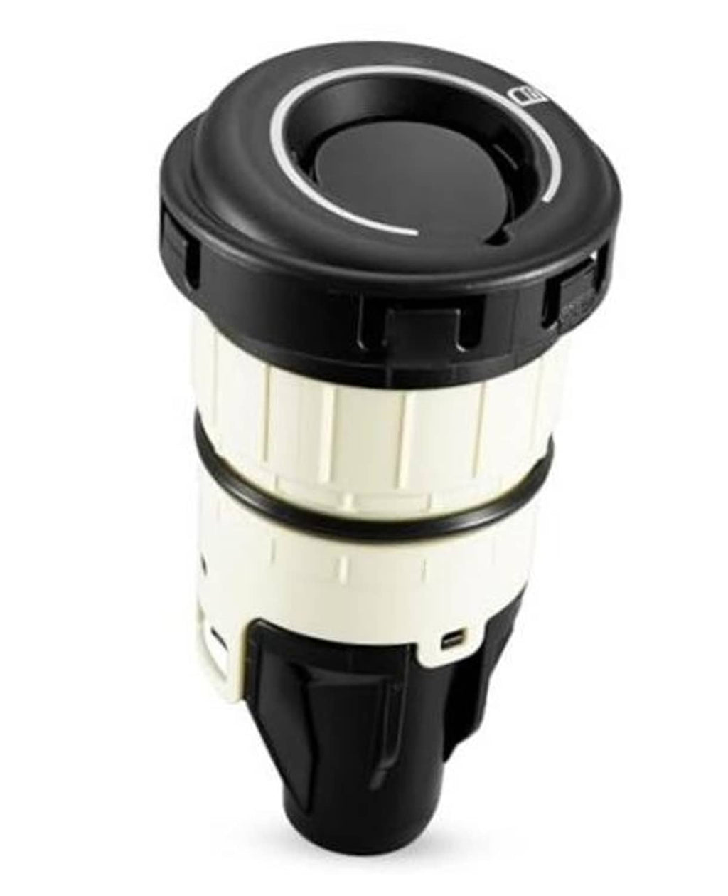 Capless fuel filler cap with black top and cream housing, round fill opening