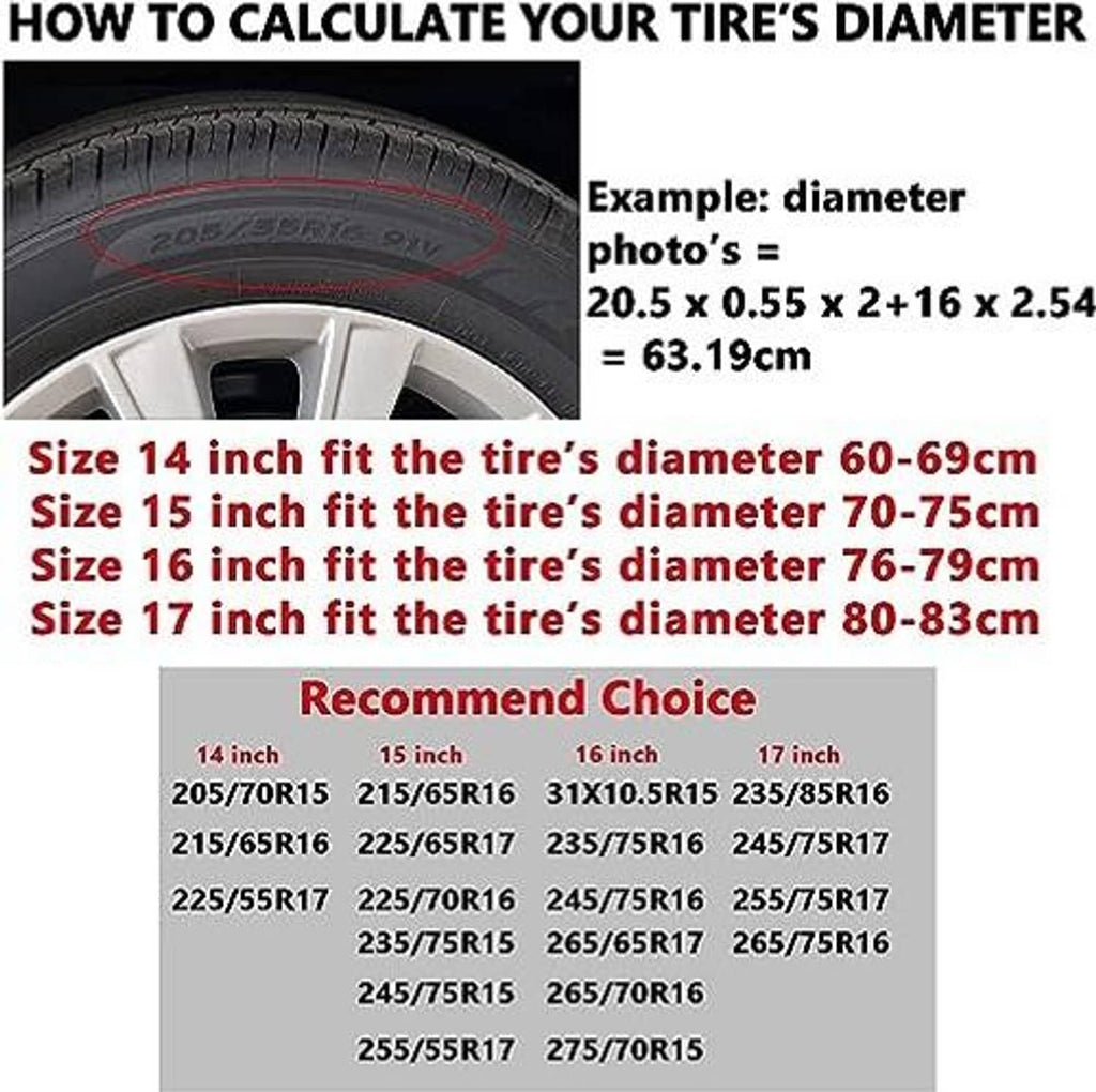 Size chart for tire diameter fit for 14 to 17 inch spare tire covers