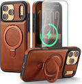 Brown iPhone 17 Pro case with PU leather look and built-in ring magnetic stand, MagSafe compatible