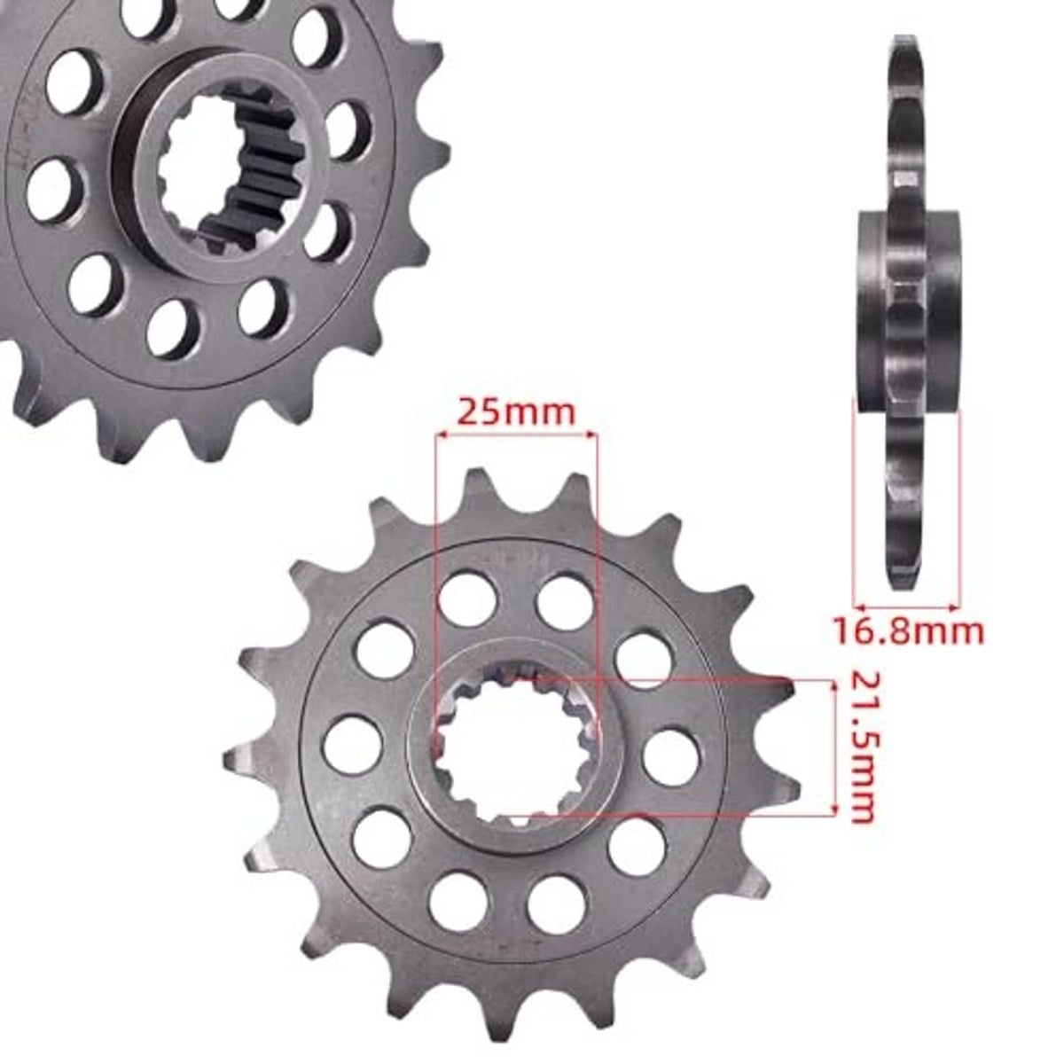 Front sprocket gear with mounting holes, central splined hub, and side profile edge