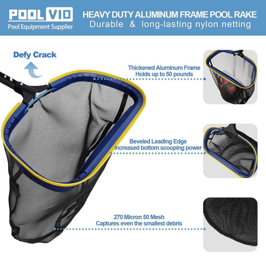 Heavy-duty pool rake net with blue-and-yellow frame and fine gray mesh bag