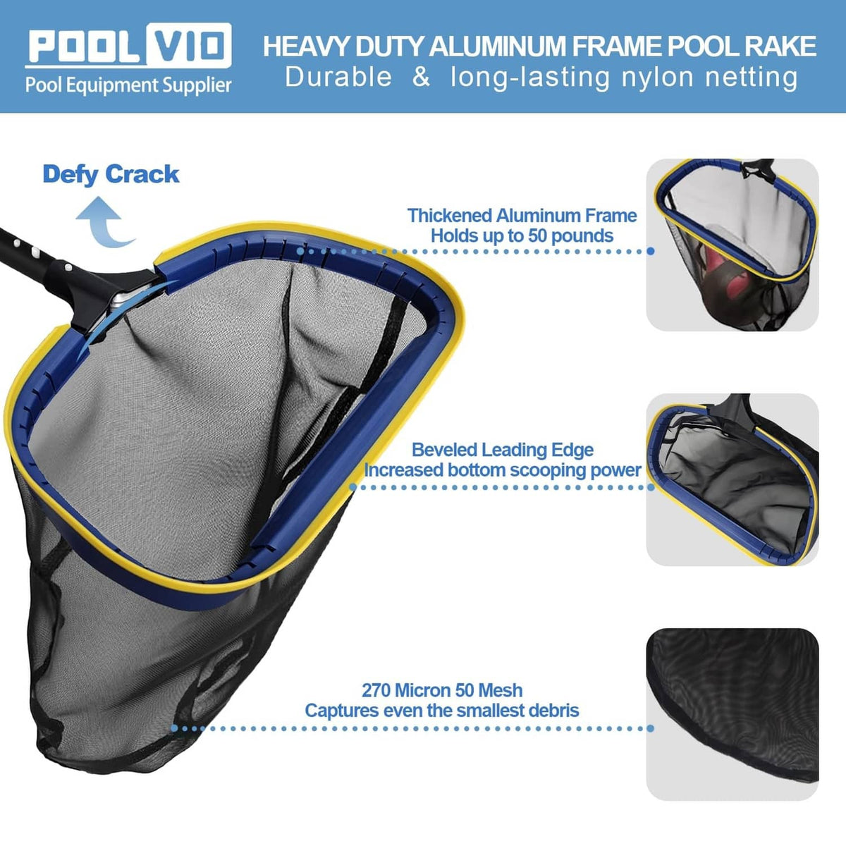 Heavy-duty pool rake net with blue-and-yellow frame and fine gray mesh bag
