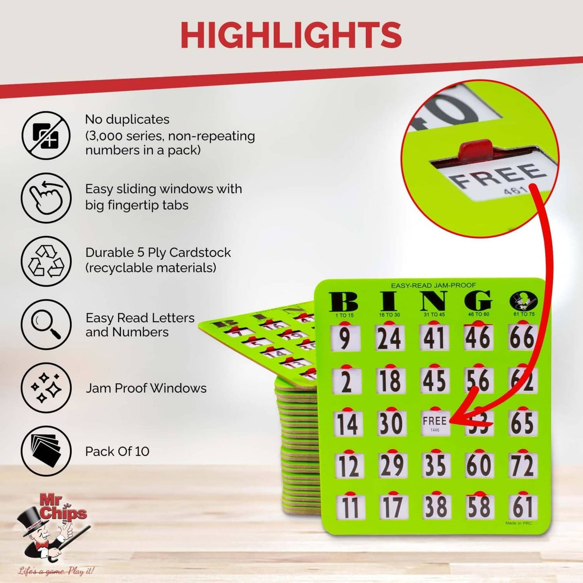 Stack of green large-print bingo cards with sliding shutters and “FREE” tile.
