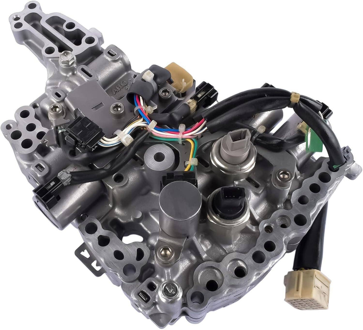 CVT valve body assembly with solenoid ports, wiring harness, and plug connectors on silver