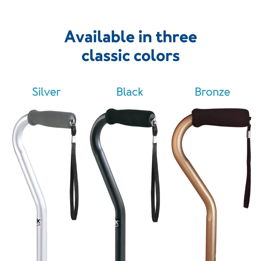 Offset canes in silver, black, and bronze with cushioned handles and wrist straps