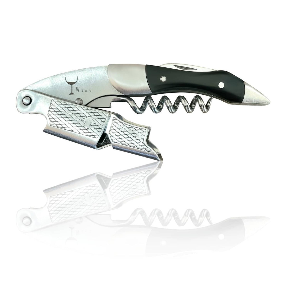 Wine key corkscrew with black handle and silver body, shown with cork screw extended