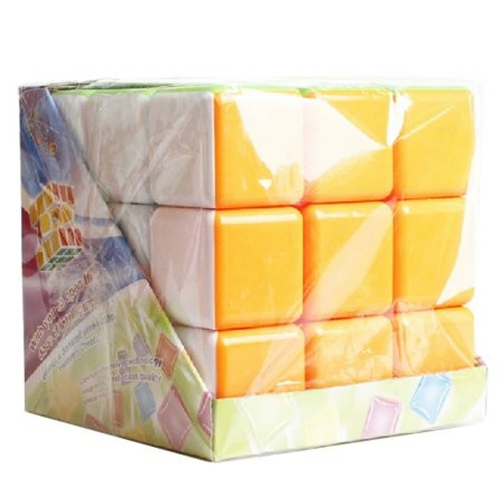 Stickerless speed cube in retail box with orange and white cube pieces visible.
