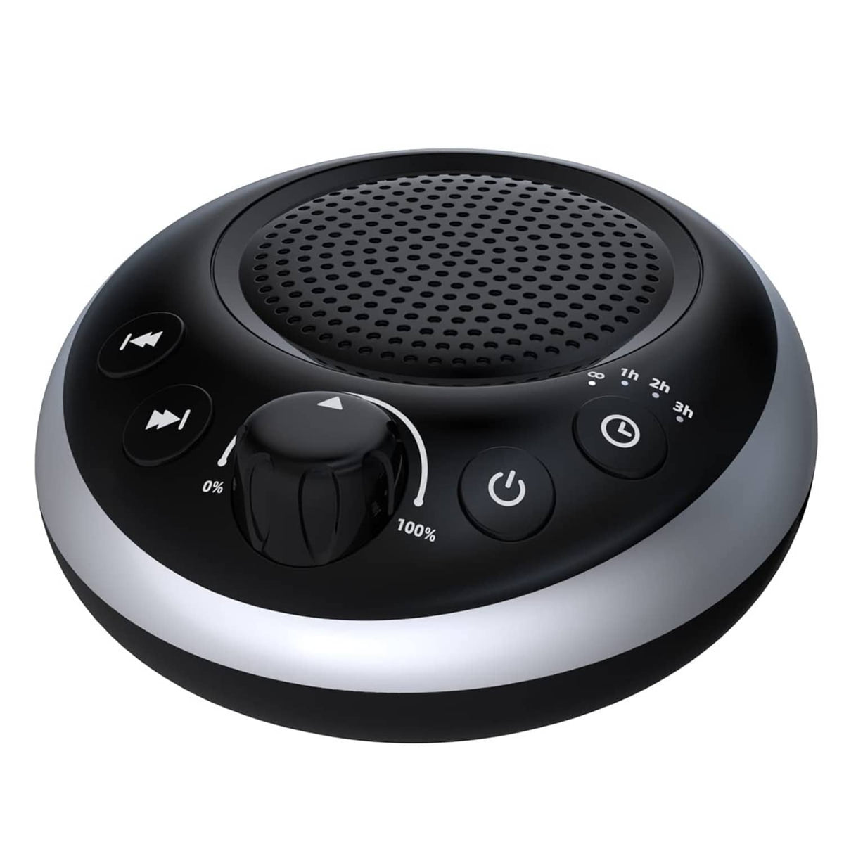 Round white noise sound machine with speaker grille and control buttons, dark casing