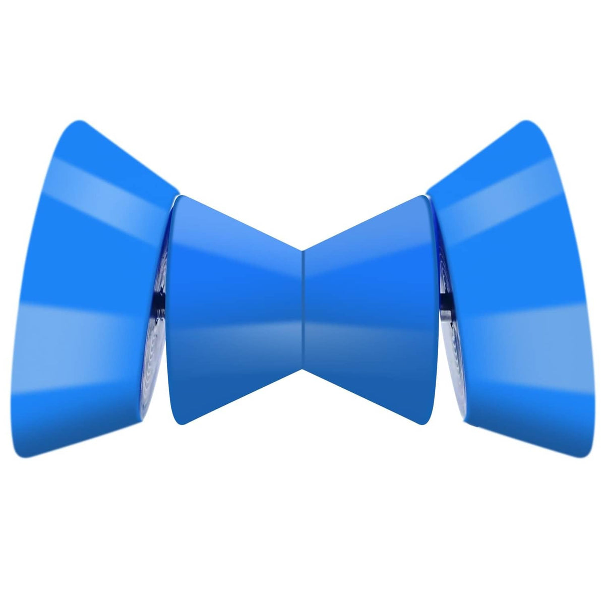 Blue boat trailer bow stop roller with two flared center sections