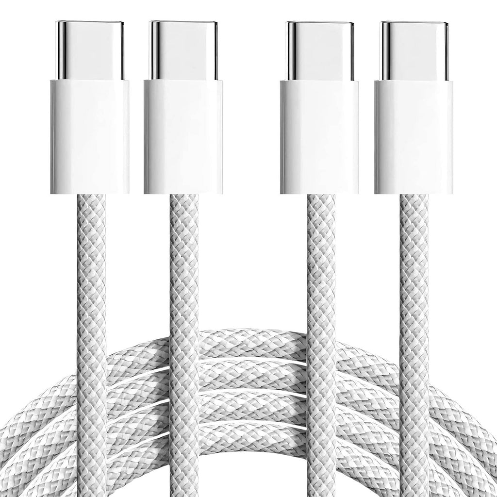 White braided USB-C charging cable with two USB-C plugs and coiled woven braid