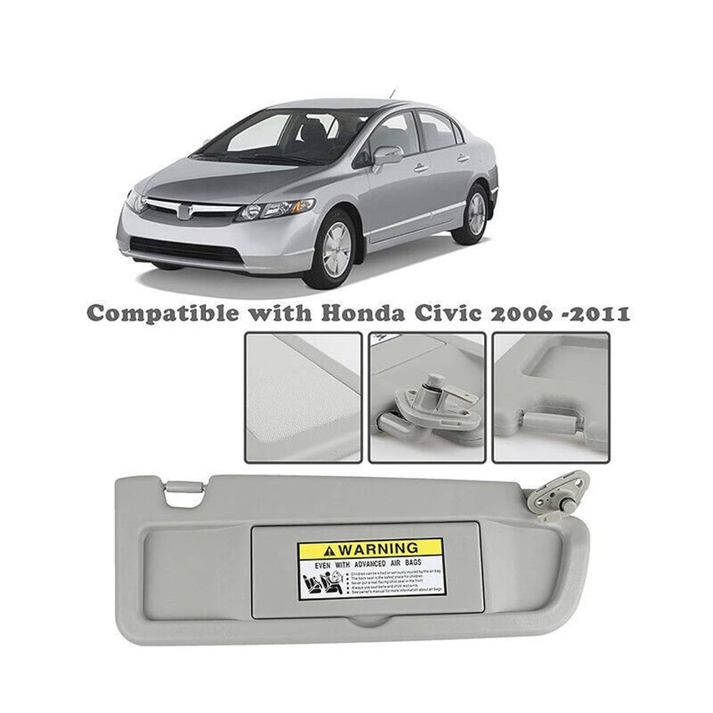 Gray sun visor with warning label and vanity mirror; set shown with vehicle fit.
