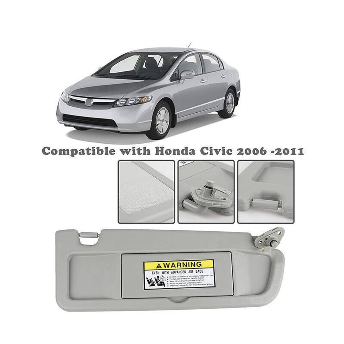 Gray sun visor with warning label and vanity mirror; set shown with vehicle fit.