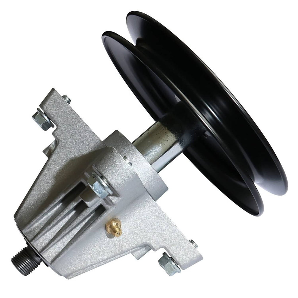 Spindle assembly with black pulley, silver bracket, and exposed drive shaft