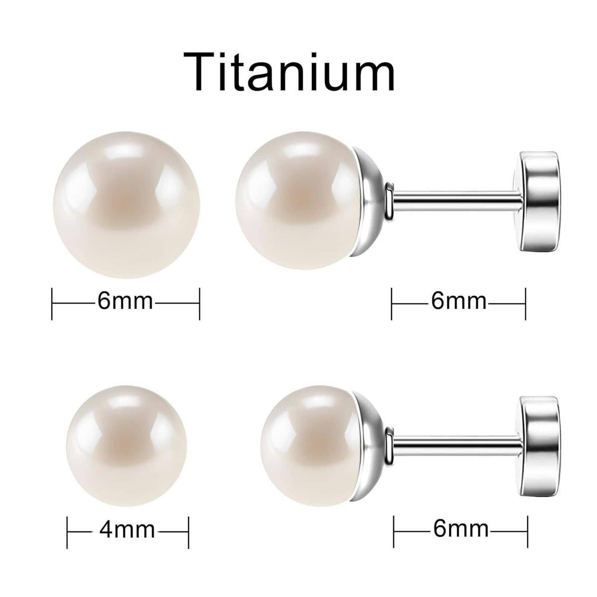 White pearl titanium stud earrings with screw posts, shown in 4mm and 6mm