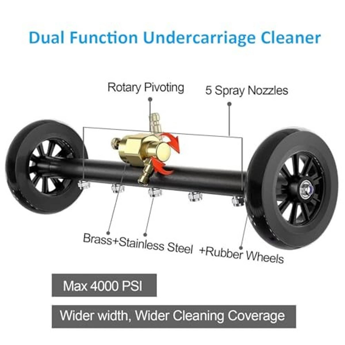 Wheeled undercarriage cleaner with rotary pivot head, brass fittings, and 5 spray nozzles