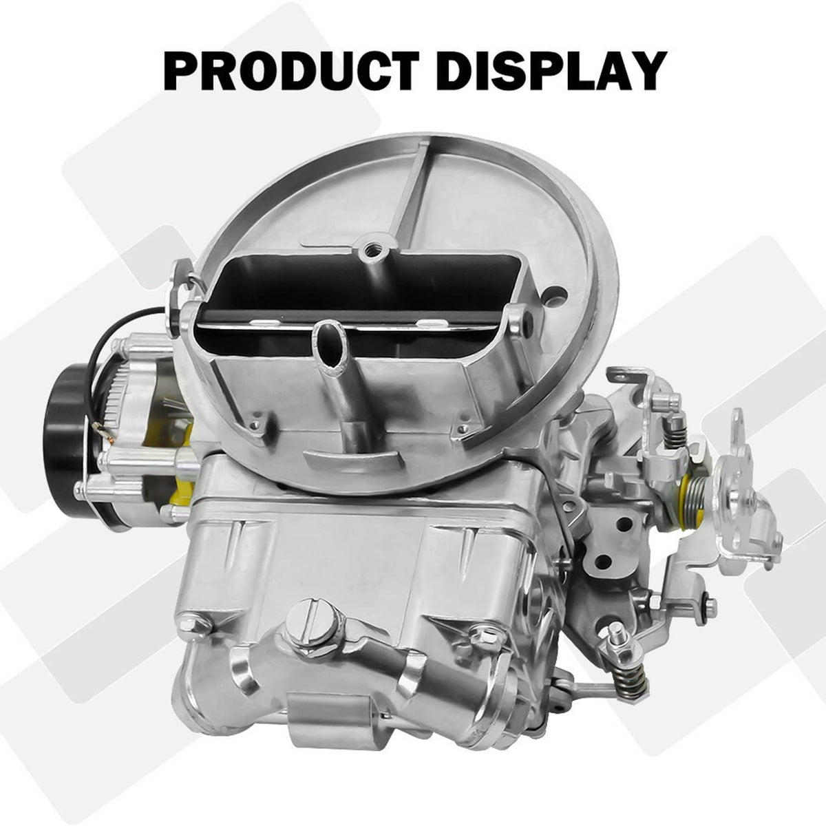 2-barrel carburetor angled rear view with black choke housing and linkage