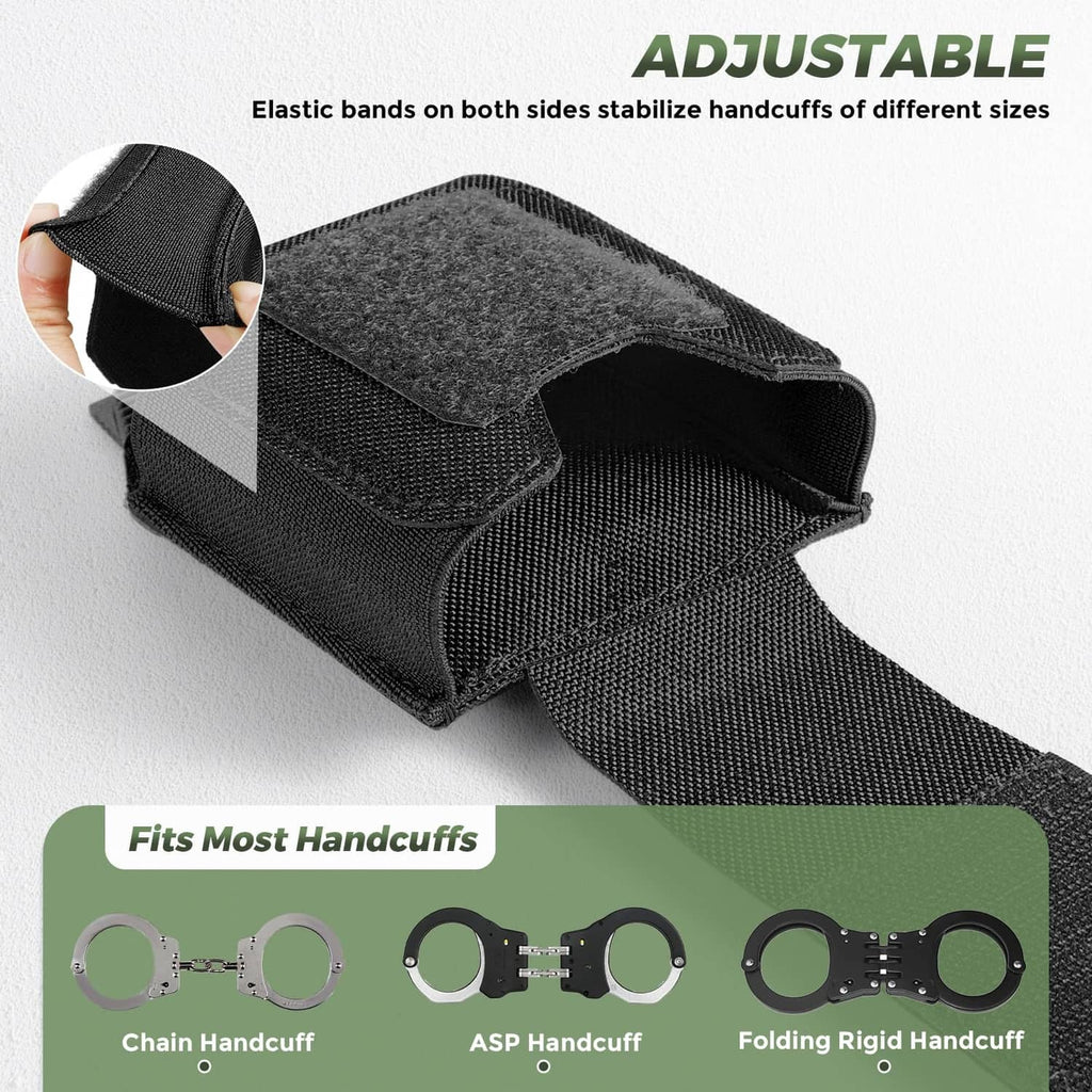 Black handcuff pouch with open-top cuff holder and elastic stabilization panels