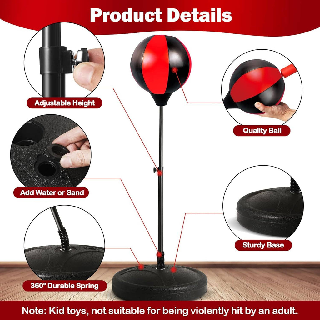 Reflex punching bag stand details: adjustable height, spring base, and red-black bag