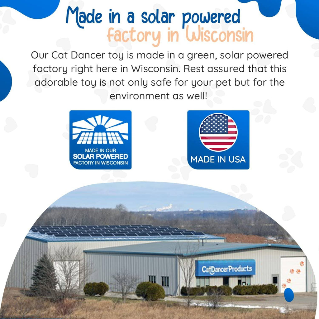 Solar-powered cat toy packaging with Made in USA and solar factory badges