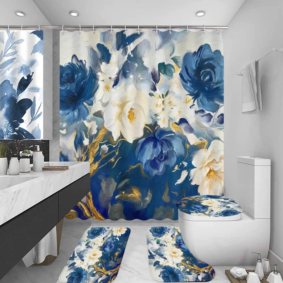 Blue floral shower curtain with matching bath rugs and toilet lid cover