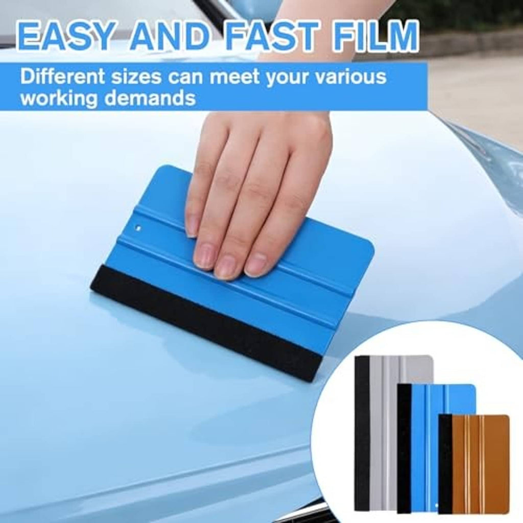 Vinyl wrap squeegee with black felt edge, blue scraper pressed by hand
