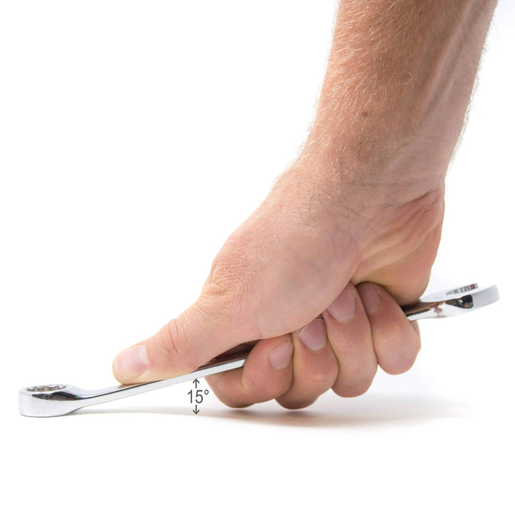 Urrea extra-long 10mm combination wrench held in hand, chrome 12-point ends