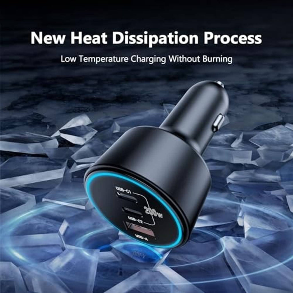 Black car charger with blue LED ring and compact cylindrical plug body