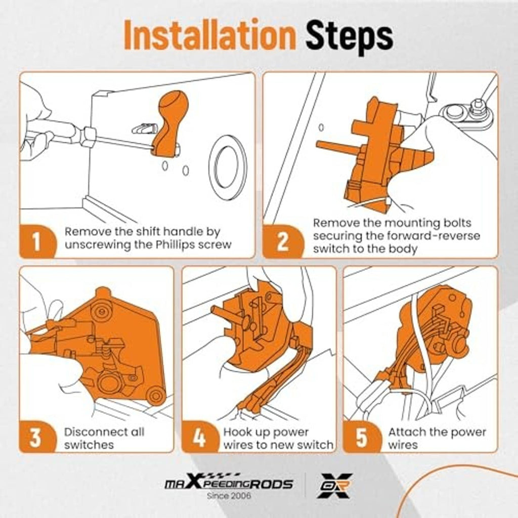 Forward-reverse switch assembly shown with installation step illustrations