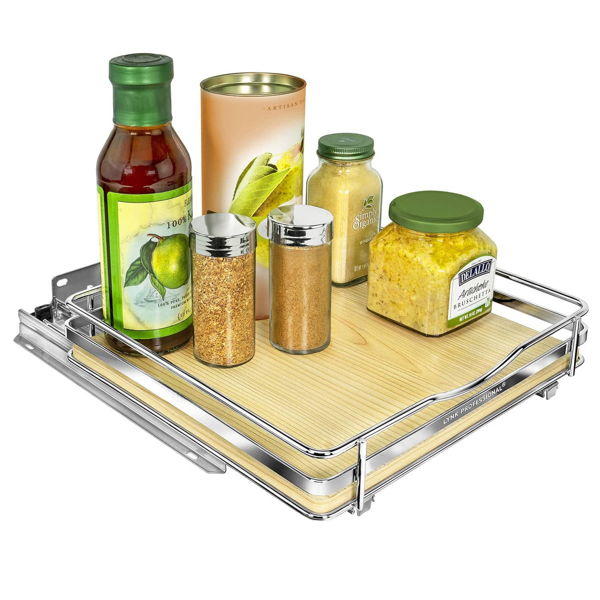 Front view of pull-out spice rack with chrome frame and wood tray, holding spice jars