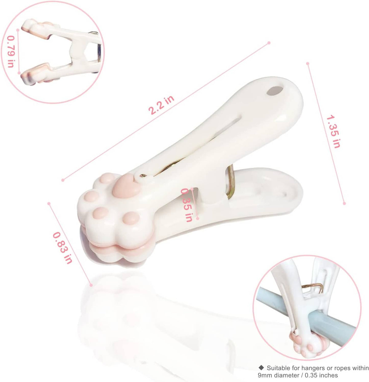White plastic clothespin with paw-shaped charm and metal spring, shown with size markings