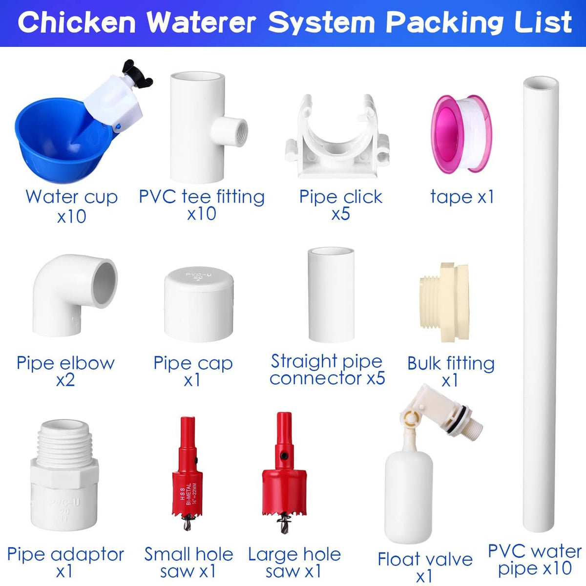 Chicken waterer kit parts: water cups, PVC fittings, straight pipes, caps, and valves