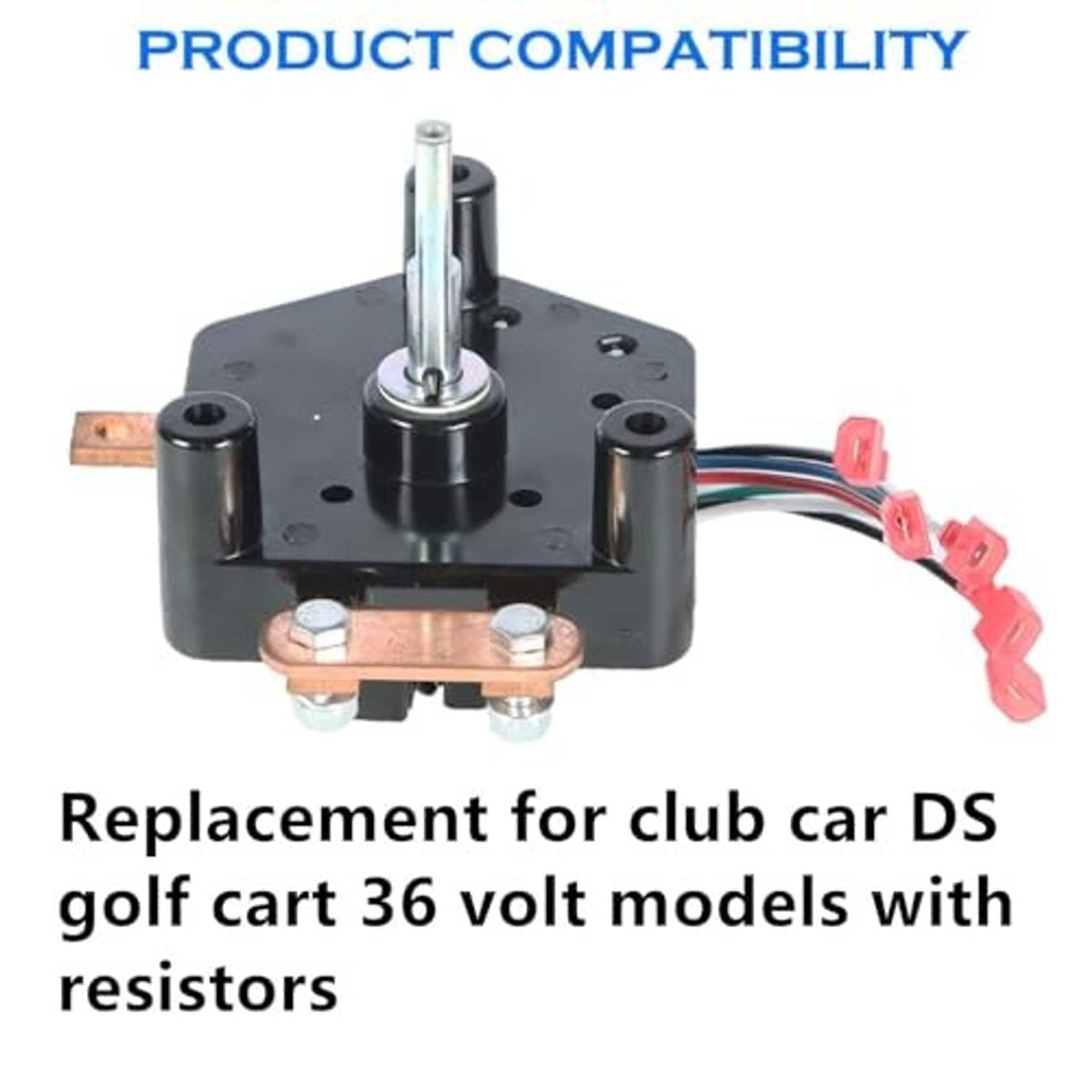 Golf cart forward/reverse switch assembly with black housing, center lever shaft, and wire leads
