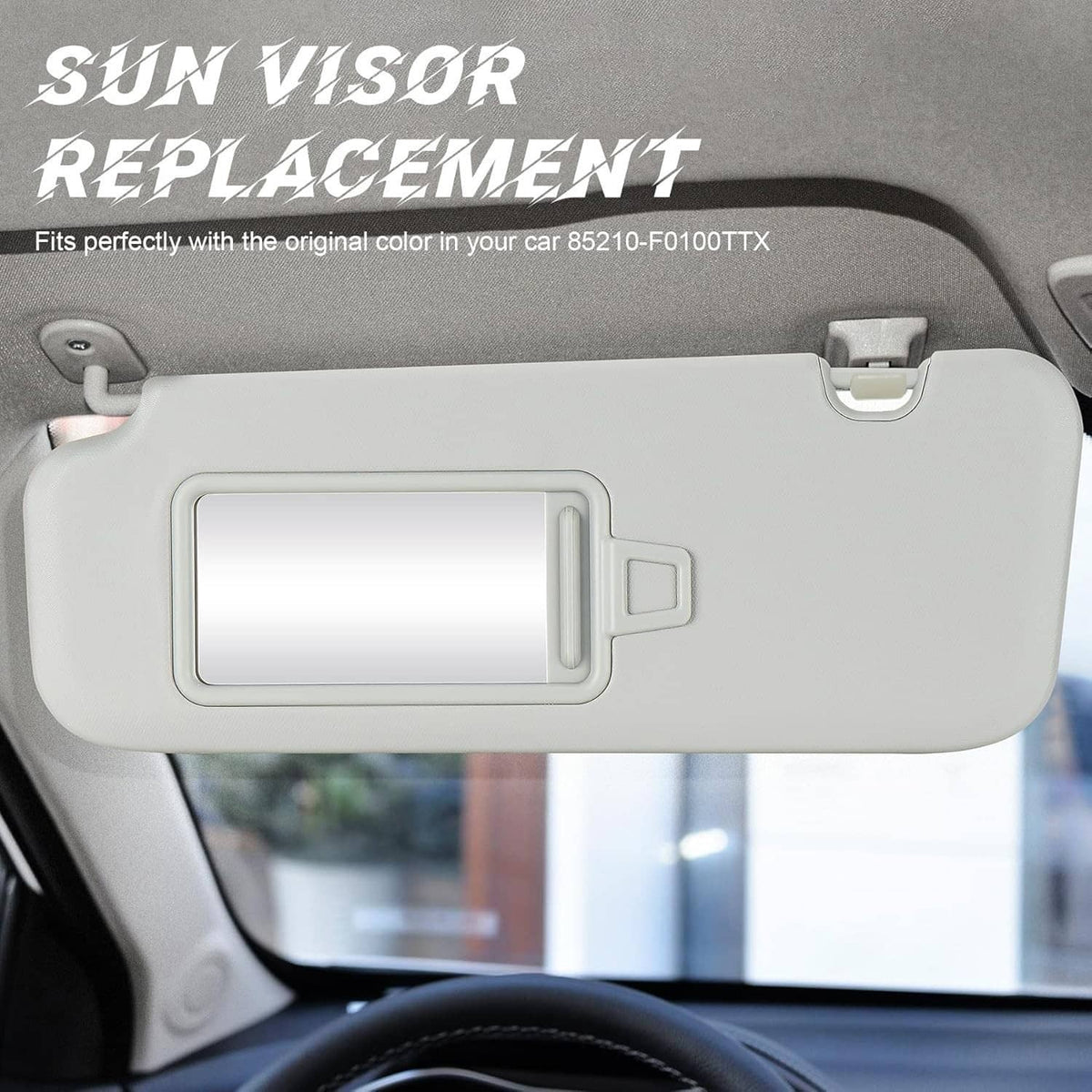 Gray replacement sun visor with mirror, vehicle sunshade for driver side