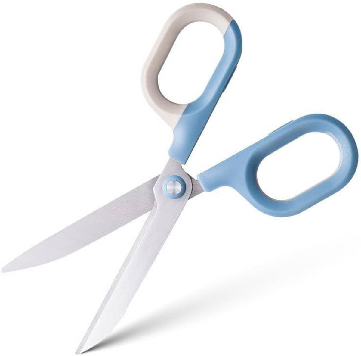 Multipurpose office craft scissors with blue and beige comfort-grip handles and pointed blades