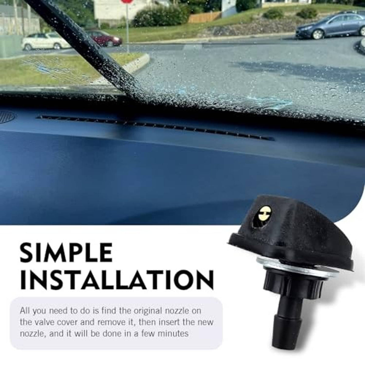 Windshield washer nozzle on dashboard, black body with gold insert