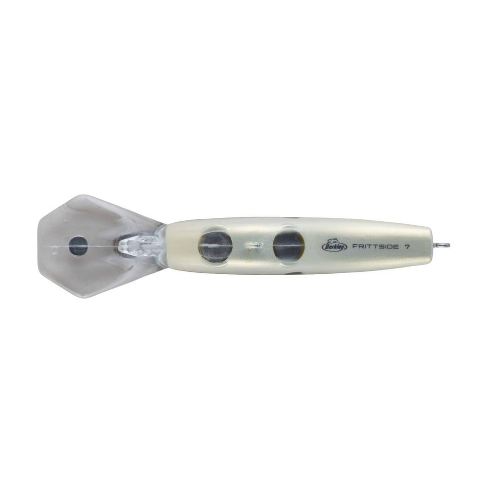 Fishing crankbait lure side view, clear lip and light honey body with black dots