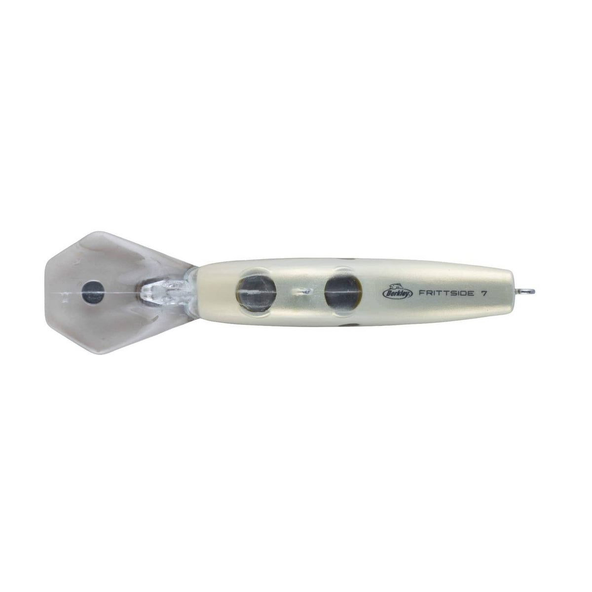 Fishing crankbait lure side view, clear lip and light honey body with black dots