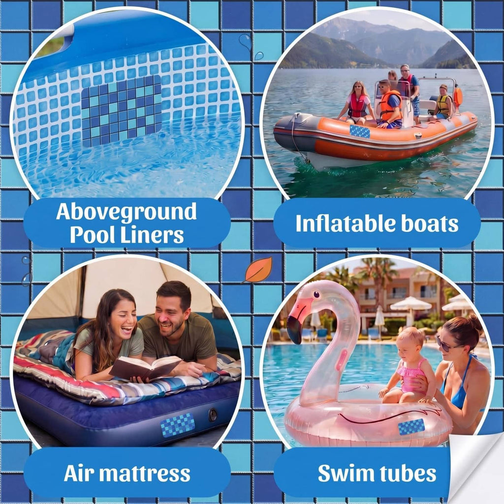 Blue-green mosaic vinyl pool repair patch graphic with tile pattern panel