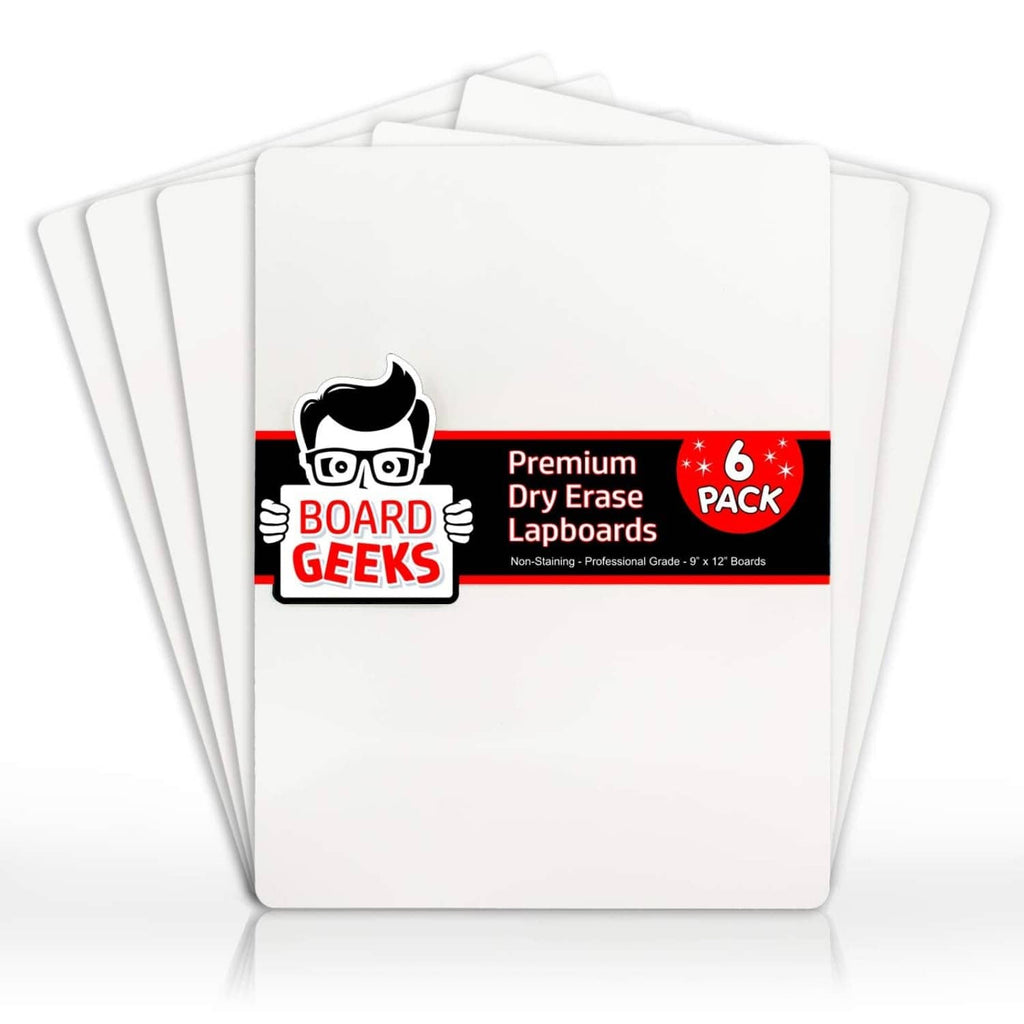 Set of six white dry-erase lapboards with rounded corners, stacked for display