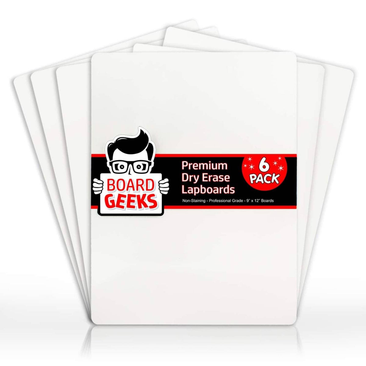 Set of six white dry-erase lapboards with rounded corners, stacked for display